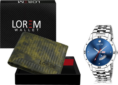 LOREM WL30-LR105 Combo Of Silver Men Watch & Green Artificial Leather Wallet Analog Watch  - For Men