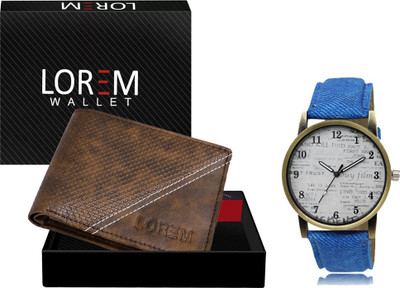 LOREM WL32-LR28 Combo Of Blue Men Watch & Green Artificial Leather Wallet Analog Watch  - For Men