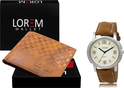 LOREM WL37-LR16 Combo Of Brown Men Watch & Green Artificial Leather Wallet Analog Watch  - For Men