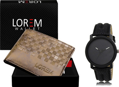 LOREM WL36-LR21 Combo Of Black Men Watch & Green Artificial Leather Wallet Analog Watch  - For Men