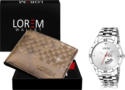 LOREM WL36-LR103 Combo Of Silver Men Watch & Green Artificial Leather Wallet Analog Watch  - For Men