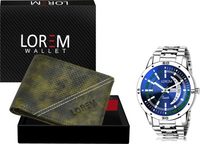 LOREM WL34-LR110 Combo Of Silver Men Watch & Green Artificial Leather Wallet Analog Watch  - For Men