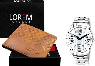 LOREM WL37-LR111 Combo Of Silver Men Watch & Green Artificial Leather Wallet Analog Watch  - For Men