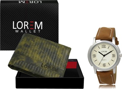 LOREM WL30-LR16 Combo Of Brown Men Watch & Green Artificial Leather Wallet Analog Watch  - For Men