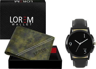 LOREM WL34-LR06 Combo Of Black Men Watch & Green Artificial Leather Wallet Analog Watch  - For Men