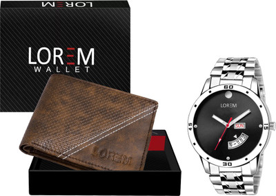 LOREM WL32-LR104 Combo Of Silver Men Watch & Green Artificial Leather Wallet Analog Watch  - For Men