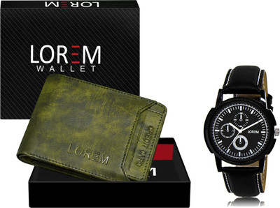 LOREM WL27-LR13 Combo Of Black Men Watch & Green Artificial Leather Wallet Analog Watch  - For Men