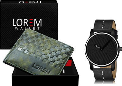 LOREM WL38-LR67 Combo Of Black Men Watch & Green Artificial Leather Wallet Analog Watch  - For Men