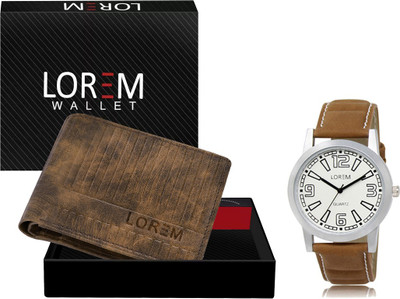 LOREM WL28-LR15 Combo Of Brown Men Watch & Green Artificial Leather Wallet Analog Watch  - For Men
