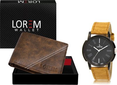 LOREM WL32-LR19 Combo Of Brown Men Watch & Green Artificial Leather Wallet Analog Watch  - For Men