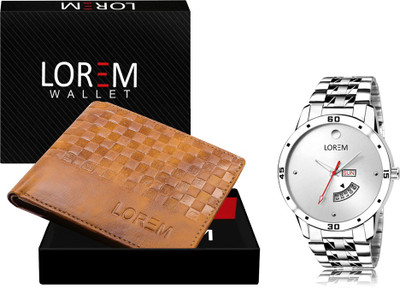 LOREM WL37-LR103 Combo Of Silver Men Watch & Green Artificial Leather Wallet Analog Watch  - For Men