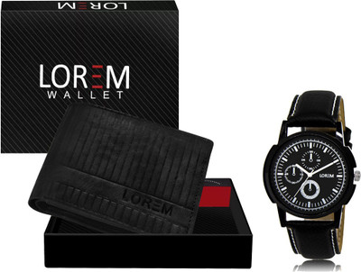 LOREM WL31-LR13 Combo Of Black Men Watch & Green Artificial Leather Wallet Analog Watch  - For Men