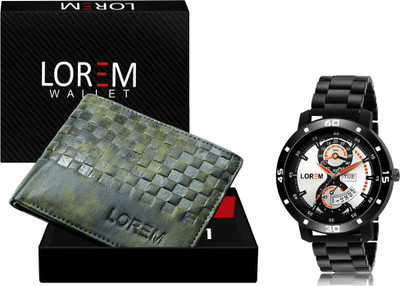 LOREM WL38-LR107 Combo Of Black Men Watch & Green Artificial Leather Wallet Analog Watch  - For Men
