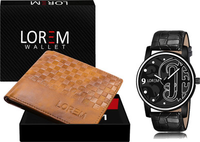 LOREM WL37-LR70 Combo Of Black Men Watch & Green Artificial Leather Wallet Analog Watch  - For Men