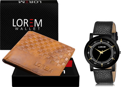 LOREM WL37-LR48 Combo Of Black Men Watch & Green Artificial Leather Wallet Analog Watch  - For Men
