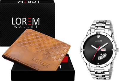 LOREM WL37-LR104 Combo Of Silver Men Watch & Green Artificial Leather Wallet Analog Watch  - For Men