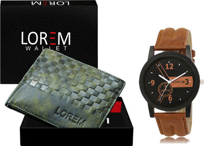LOREM WL38-LR01 Combo Of Orange Men Watch & Green Artificial Leather Wallet Analog Watch  - For Men