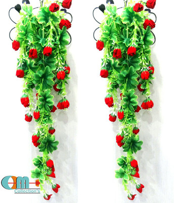 OM COLLECTIONS Artificial Creepers hanging flower Green, Red Rose Artificial Flower  with Pot(30 inch, Pack of 2, Vine & Creepers)