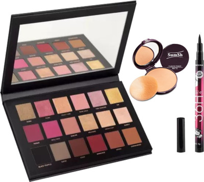 SumSh Matte Finish Rose Gold Eye Shadow Palette with Mirror (18 Shades), Eyeliner 36h, Compact Powder(3 Items in the set)