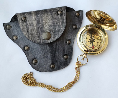 Ascent India Brass Push Button pocket compass chain with Leather cover Compass(Gold)