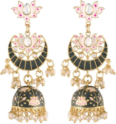 I Jewels I Jewels 18K Gold Plated Kundan Studded Black Meenakari Jhumka Earrings Alloy Jhumki Earring