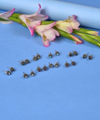 SOHI Pack of 10 Silver Plated American Diamond Earrings Brass Stud Earring