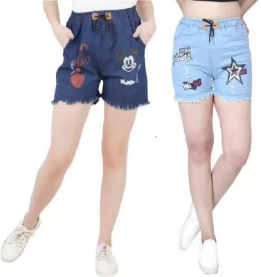 GLAMHOOD Short For Girls Casual Printed Denim(Blue, Pack of 2)