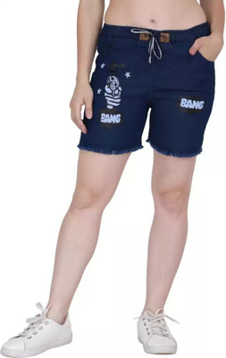 GLAMHOOD Short For Girls Casual Printed Denim(Blue, Pack of 1)