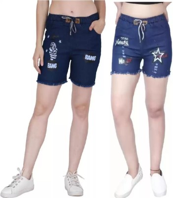 GLAMHOOD Short For Girls Casual Printed Denim(Blue, Pack of 2)