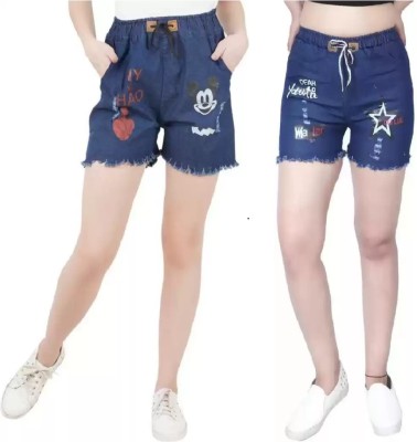 GLAMHOOD Short For Girls Casual Printed Denim(Blue, Pack of 2)