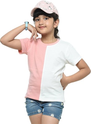 SHINX Girls Colorblock Pure Cotton Regular T Shirt(Pink, Pack of 1)