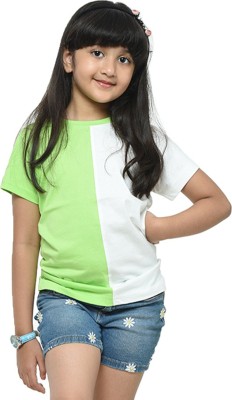 SHINX Girls Colorblock Pure Cotton T Shirt(Green, Pack of 1)