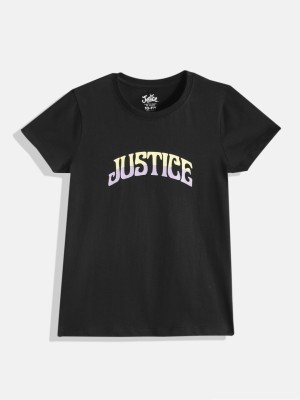 Justice Girls Typography Pure Cotton Regular T Shirt(Black, Pack of 1)