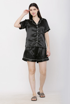 Purser Women Solid Black Top & Shorts Set