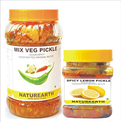 NaturEarth Mix Veg Pickle & Spicy Lemon Pickle Combo ( 400+200 Gm) Maa Ke Achar Mixed Vegetable Pickle(2 x 300 g)