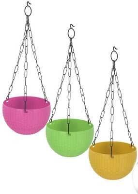 SIZI (Packof3)Multicolor Round Plastic Flower Hanging Planters with Hanging Chain. Plant Container Set(Pack of 3, Plastic)