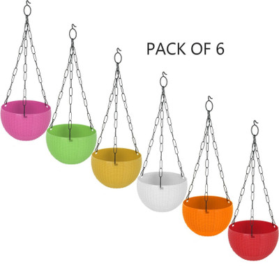 VirajSanchi (Packof6)Multicolor Round Plastic Flower Hanging Planters with Hanging Chain. Plant Container Set(Pack of 6, Plastic)