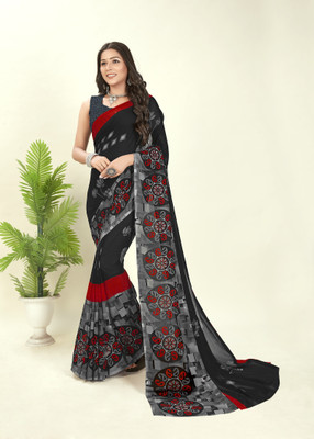 Anand Sarees Paisley, Ombre, Geometric Print Bollywood Georgette Saree(Black, Grey)