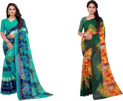 Saadhvi Printed Daily Wear Georgette Saree(Pack of 2, Dark Green)