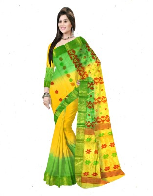 Pradip Fabrics Woven Tant Silk Blend Saree(Green, Yellow)