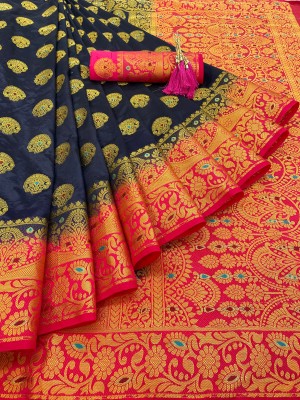 SSP TEX Woven Banarasi Cotton Silk, Silk Blend Saree(Dark Blue)