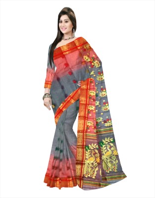 Pradip Fabrics Woven Tant Silk Blend Saree(Red, Black)