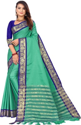 Anp Store Woven Paithani Cotton Silk Saree(Green, Blue)