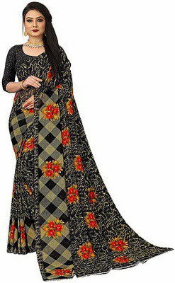 maayro Floral Print Daily Wear Georgette Saree(Black)