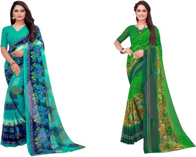 Saadhvi Printed Daily Wear Georgette Saree(Pack of 2, Dark Blue, Green)