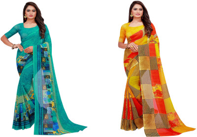 Saadhvi Printed Daily Wear Georgette Saree(Pack of 2, Gold)