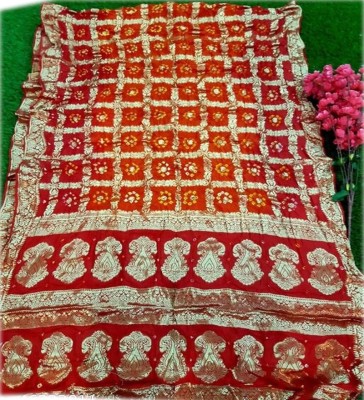 MINE CHOICE Woven, Checkered Bandhani Silk Blend, Jacquard Saree(Red, Orange)