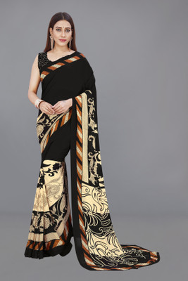 Anand Sarees Floral Print Daily Wear Georgette Saree(Black, Cream)