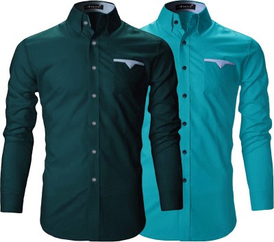 FINIVO FASHION Men Self Design Casual Light Blue, Green Shirt(Pack of 2)