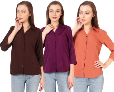 Giggles Women Solid Formal Blue Shirt(Pack of 3)